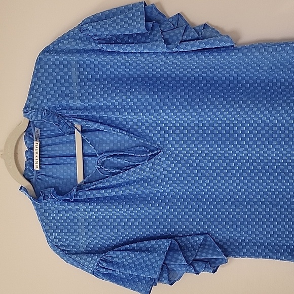 Alice + Olivia Julius Ruffle Peasant Blouse Blue Top Solid  Swiss Dot Ties  XS - Picture 9 of 17